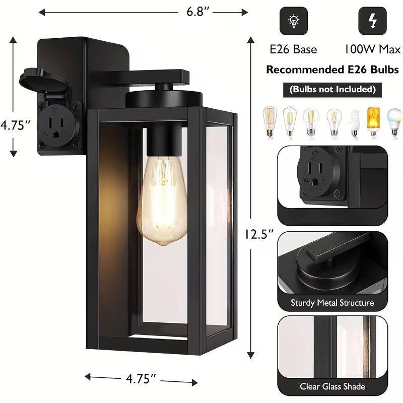 2-Pack Modern Outdoor Porch Lights with Outlet, Wall Sconces for Front Door, Garage, and Patio – Black Exterior Lighting Fixtures