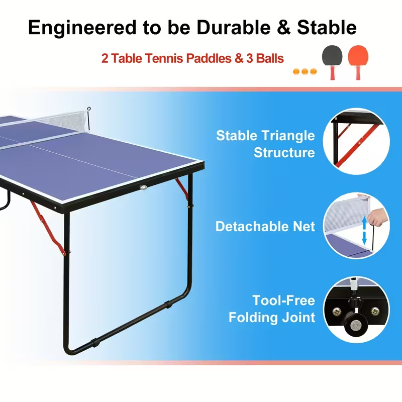 4.5FT Foldable Ping Pong Table – Portable Midsize Table Tennis Set for Indoor & Outdoor Use, Easy Storage Design, Includes 2 Paddles, 3 Balls, and Net – Ideal for Home, Family Games, Camping and Holiday Activities