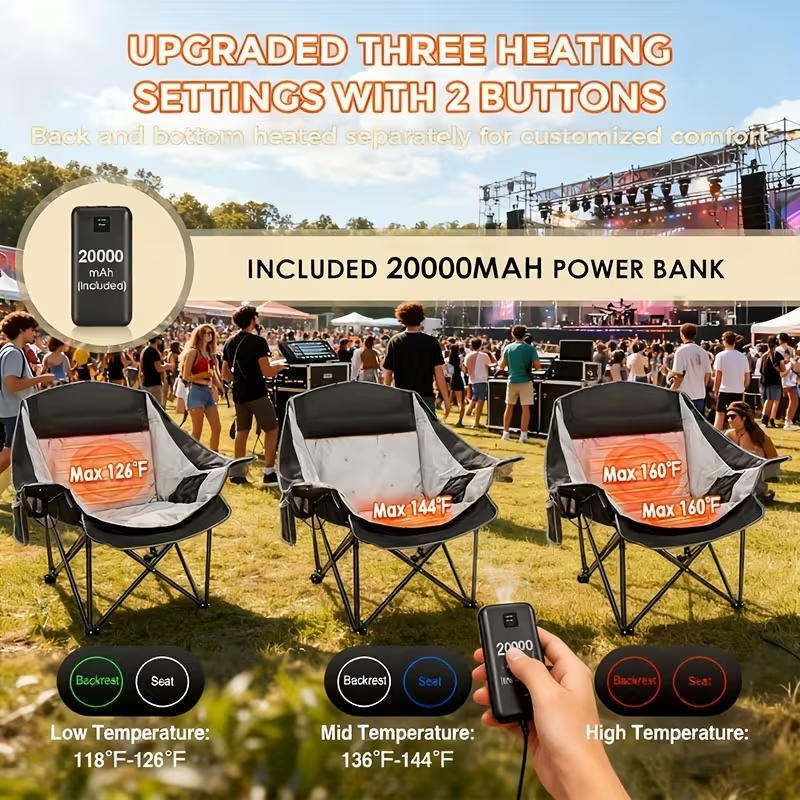 Oversized Heated Camping Chair with Optional Power Bank, 3 Heat Levels, Dual-Zone Heating, Foldable Heavy-Duty Chair with Footrest, 500 lb Capacity