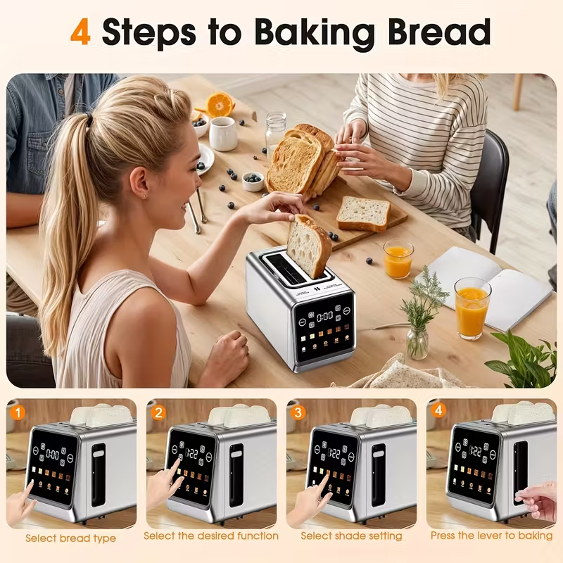 2-Slice Stainless Steel Touch Screen Toaster – Smart Digital Toaster with Memory Function, 5 Bread Modes, 6 Browning Levels, Extra-Wide Slots, 900W Premium Breakfast Toaster