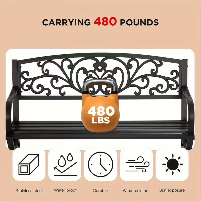 Heavy-Duty Outdoor Metal Garden Bench with Decorative Scroll Backrest, Black Cast Iron and Steel Patio Bench with Slatted Seat for Yard, Park, Porch and Deck