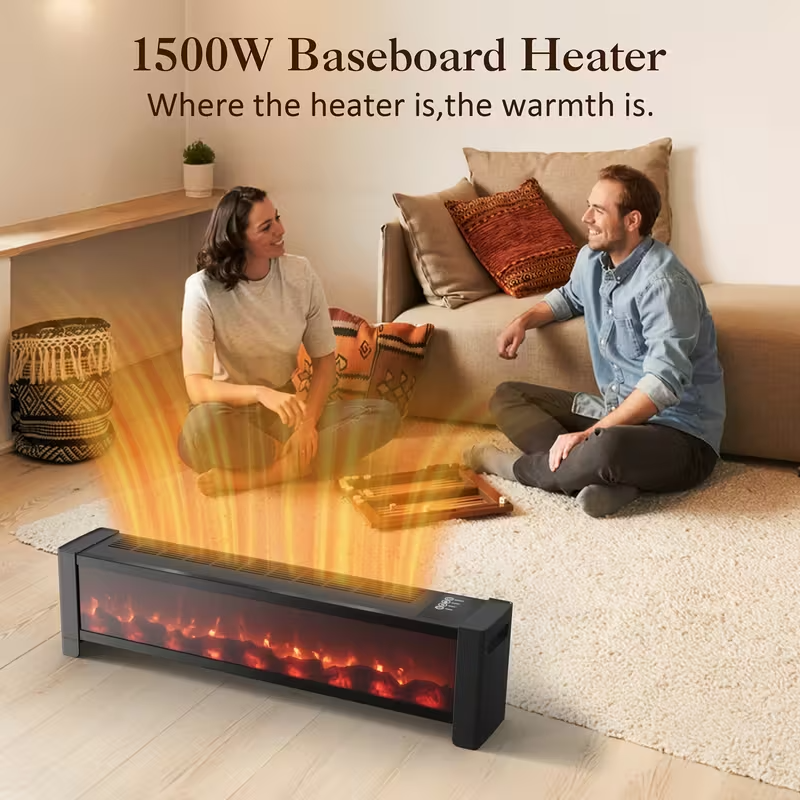 33" Electric Baseboard Heater with Realistic Flame Effect, 1500W Indoor Fireplace Heater with Remote, Adjustable Thermostat, 12H Timer & Overheat Protection for Large Rooms