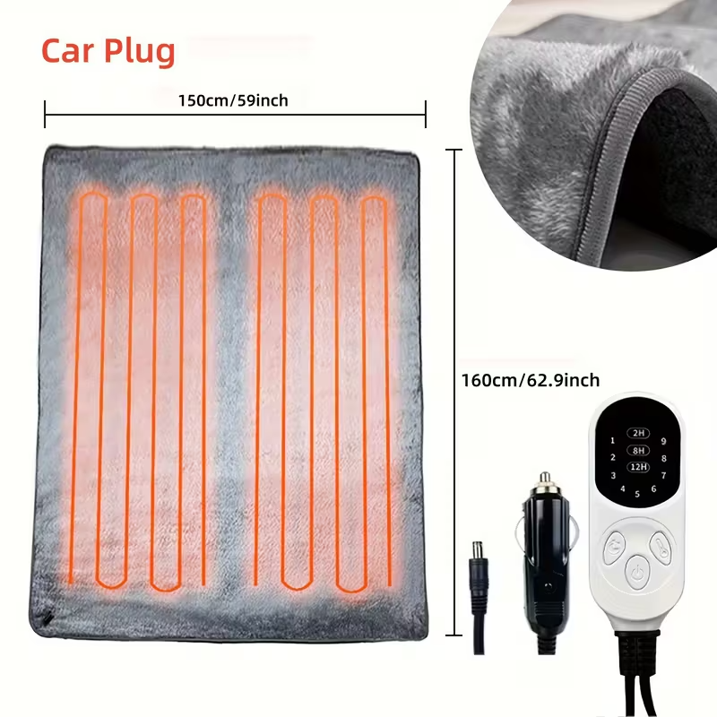 12V Car Heating Blanket with Car Plug, Fast-Heating Heavy-Duty Electric Blanket with 9 Temperature Levels and 3 Timer Modes, Compact Portable Design for Cars, RVs, Trucks, SUVs, and Home Use