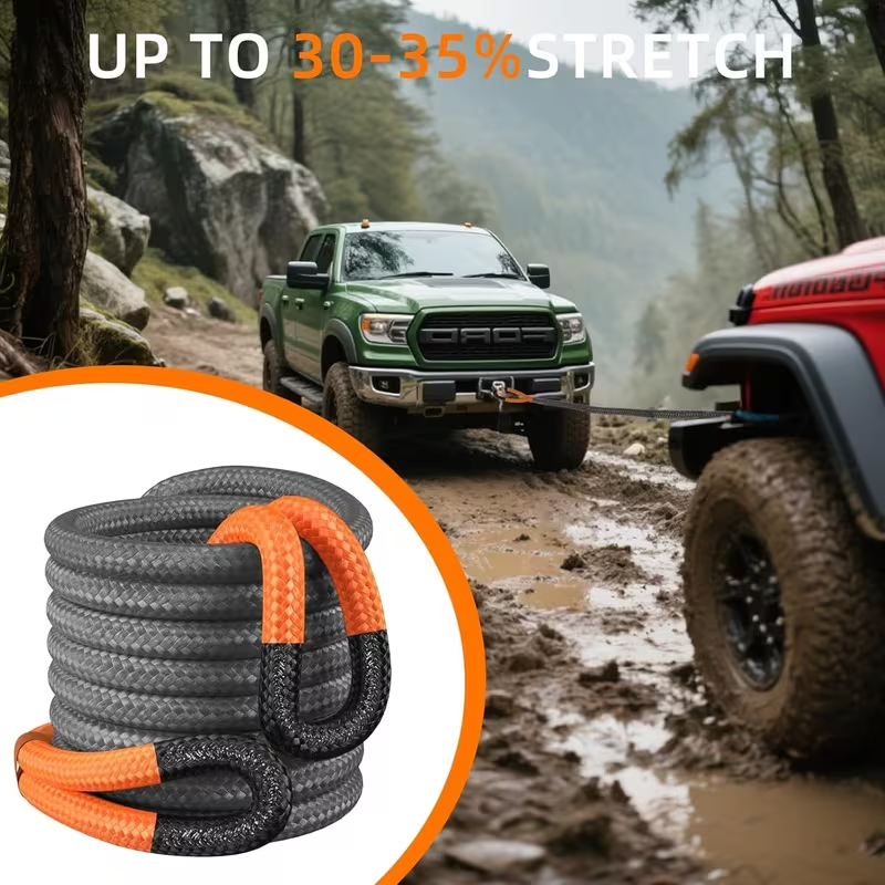 Heavy-Duty 48,500 lbs Kinetic Recovery Rope with Two UHMWPE Soft Shackles, 7/8" x 30 ft High-Elasticity Off-Road Tow Rope, UV and Abrasion Resistant Snatch Strap for Trucks, SUVs, UTVs, ATVs, and Tractors