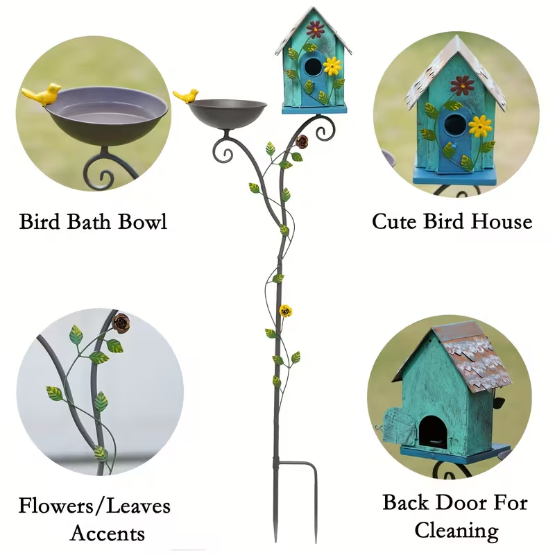 52" Metal Bird Bath with Pole and Birdhouse, Tiered Outdoor Garden Decoration with Seed Tray, Rustic Blue Floral Design, Durable Metal Stake-Mounted Bird Bath for Yard, Lawn, and Patio