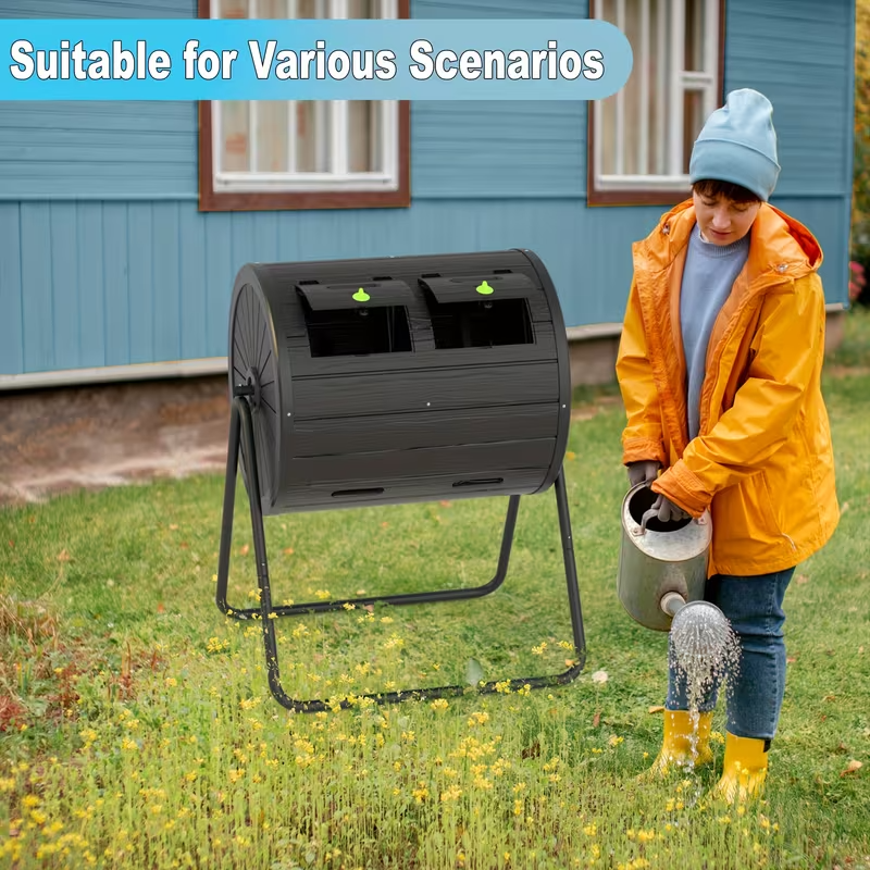 43-Gallon Dual-Chamber Tumbler Compost Bin, Black Rotating Compost Barrel with Swivel Design, Flap Door & Durable Steel Frame, Outdoor Garden Composting Bin for Leaves, Food Scraps, Yard Waste