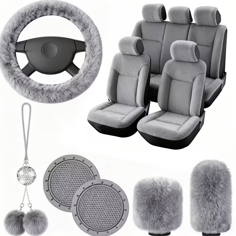 11-Piece Universal Plush Car Seat Covers Set – Soft Winter Car Decoration Kit with Steering Wheel Cover, Mirror Accessories, Handbrake Covers, and Sponge-Filled Knit Fabric