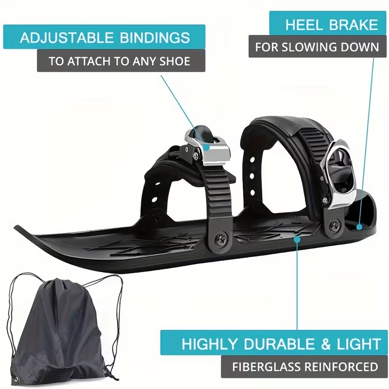 Adjustable Mini Ski Skates for Kids – Black ABS Snowboard Shoes with Asymmetrical Design and Carrying Bag, Beginner-Friendly for Powder Snow
