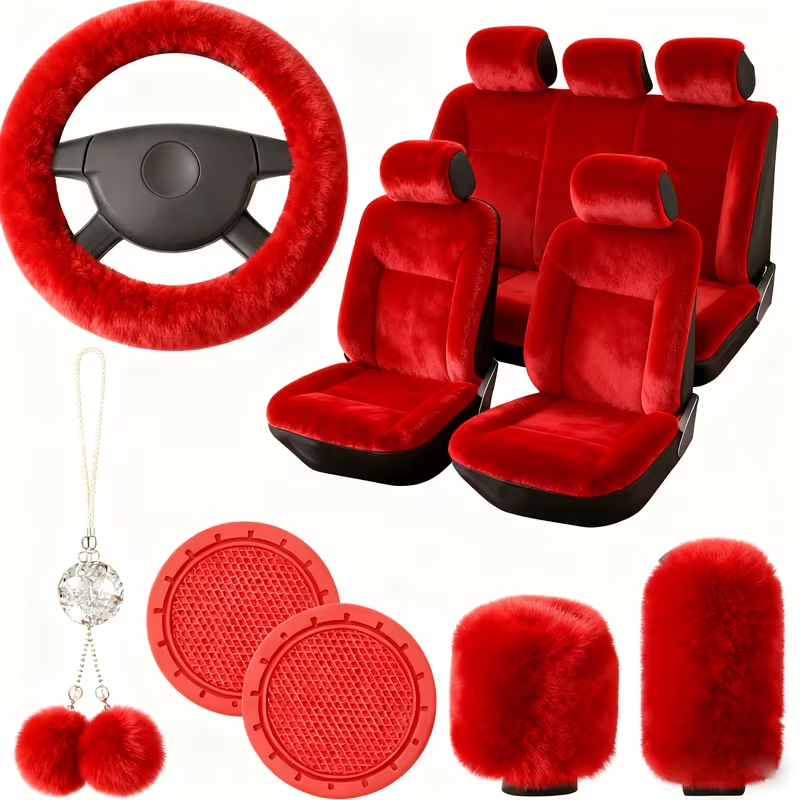 11-Piece Universal Plush Car Seat Covers Set – Soft Winter Car Decoration Kit with Steering Wheel Cover, Mirror Accessories, Handbrake Covers, and Sponge-Filled Knit Fabric