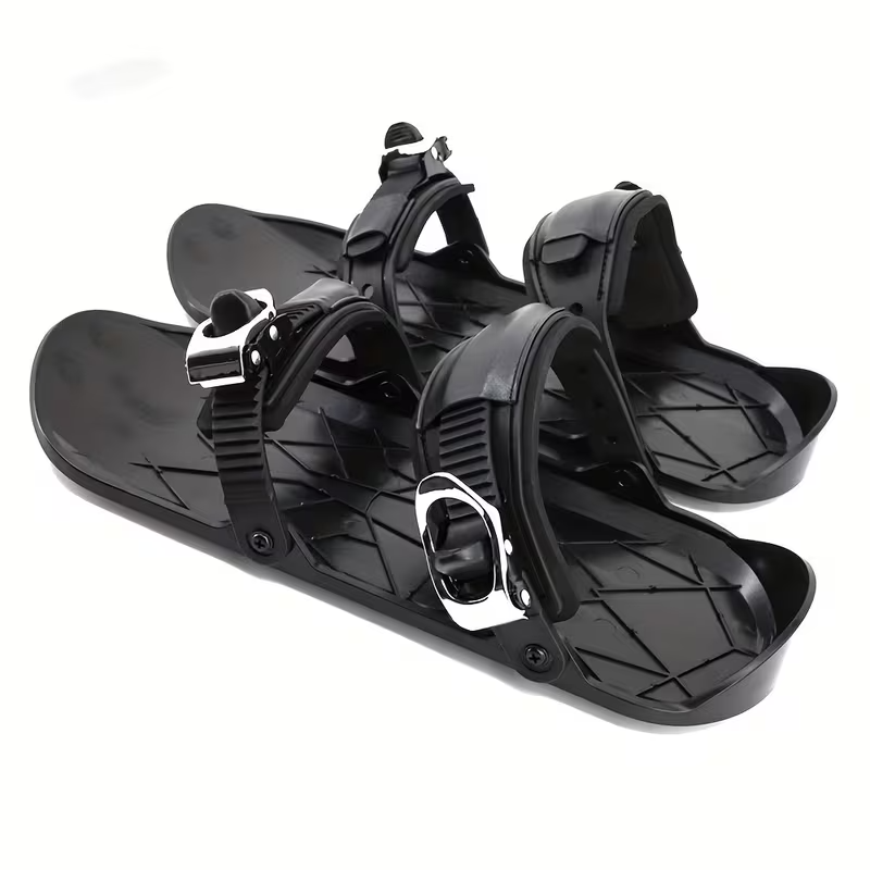 Adjustable Mini Ski Skates for Kids – Black ABS Snowboard Shoes with Asymmetrical Design and Carrying Bag, Beginner-Friendly for Powder Snow