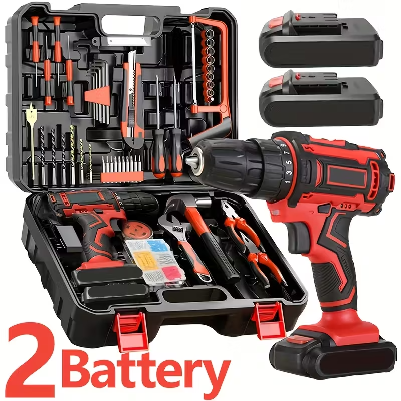 102-Piece Cordless Power Tool Kit with 2 Batteries, Electric Drill and Impact Wrench Set, Ratchet Screwdriver and Home Repair Tool Kit for Household DIY