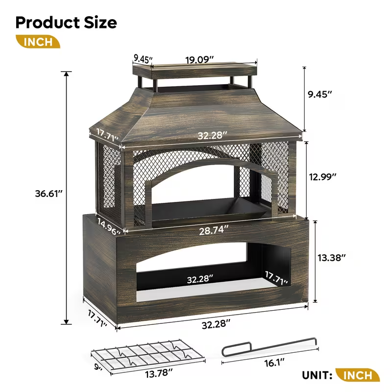 37-Inch Outdoor Wood Burning Fireplace with Wood Storage and Fire Poker – Large Rectangular Metal Fire Pit for Patio, Garden, Deck, and Backyard