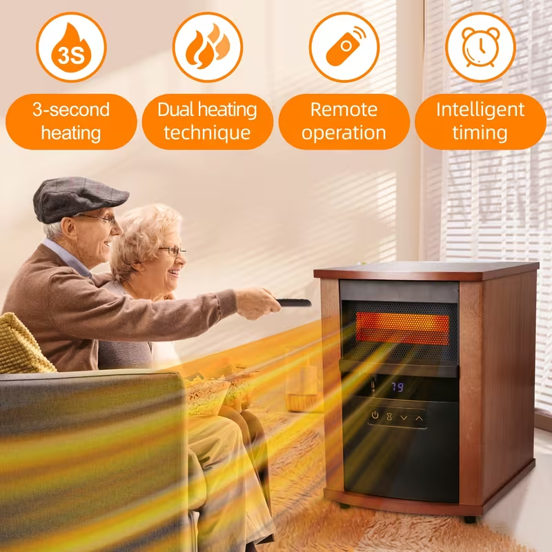 1500W Infrared Electric Space Heater with Thermostat, Remote Control, 9-Hour Timer, Overheat & Tip-Over Protection – Portable Indoor Heater for Bedroom, Office