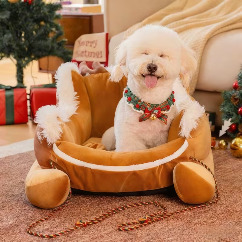 Winter Warm Sled-Style Pet Bed for Dogs and Cats, Removable and Washable Cozy Dog Bed, Thick Soft Polyester Bed for Small and Medium Pets, Brown/Beige Sled Design for Christmas and Everyday Use