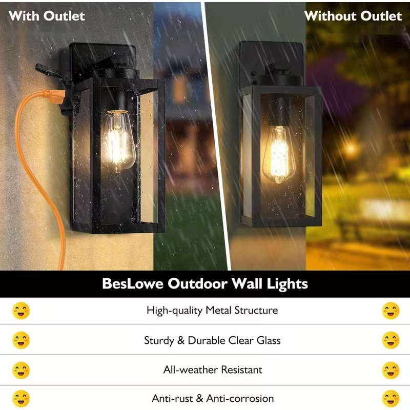 2-Pack Modern Outdoor Porch Lights with Outlet, Wall Sconces for Front Door, Garage, and Patio – Black Exterior Lighting Fixtures