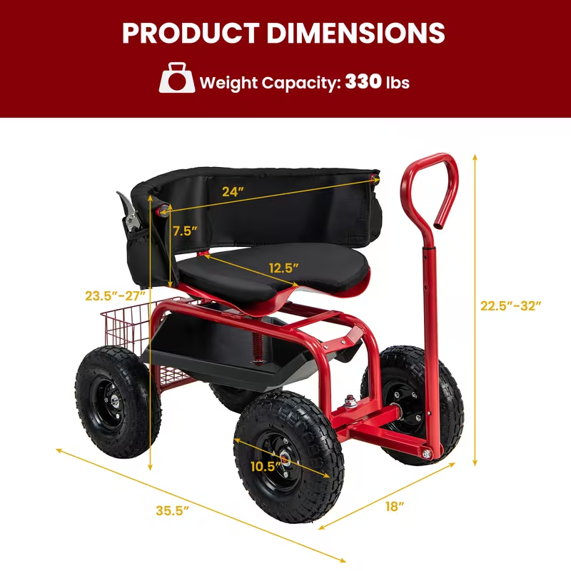 Heavy-Duty Garden Cart Scooter with 10" All-Terrain Tires, 360° Swivel Seat, Extendable Pull Handle, Storage Basket, Tool Pouch & Cushion – Red Rolling Garden Seat for Yard Work & Lawn Care