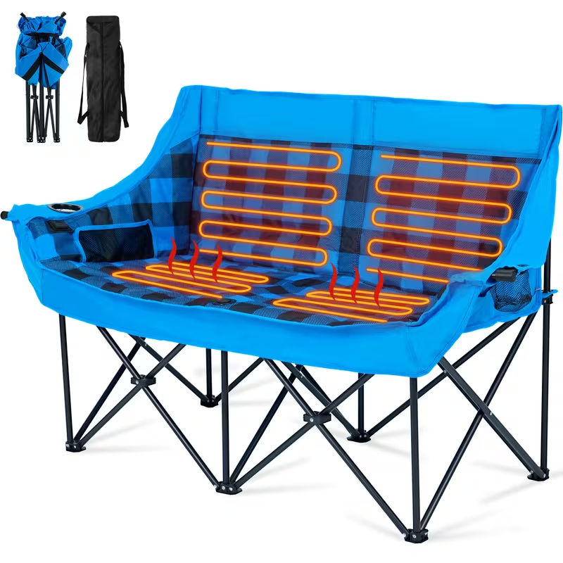 Oversized Heated Double Camping Chair – Foldable 2-Person Padded Loveseat with Dual Heating Zones, Heavy-Duty Frame, Carry Bag Included (Battery Not Included), Outdoor-Only Use