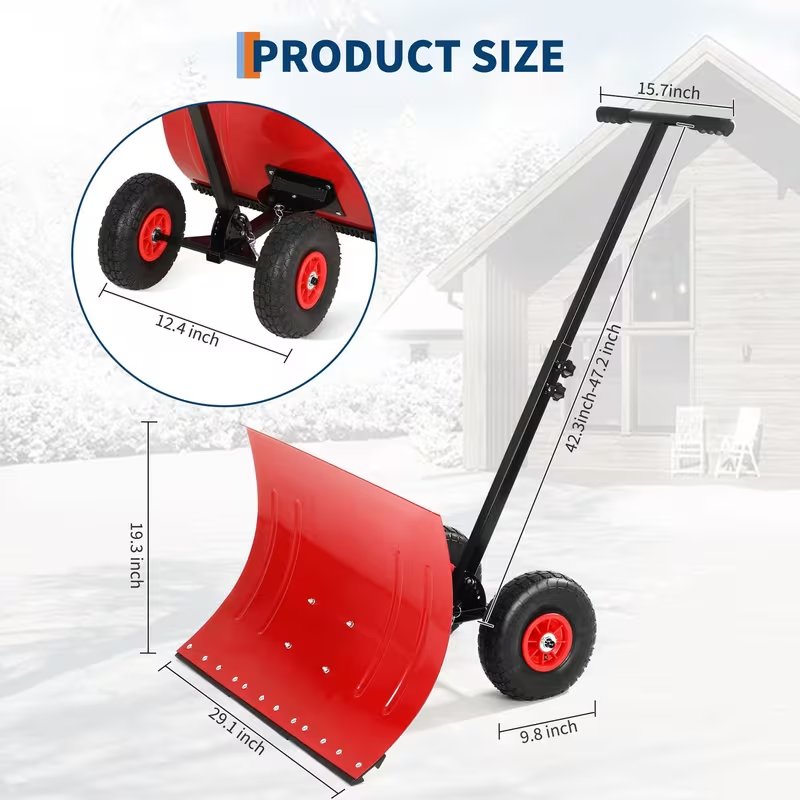 Rolling Snow Shovel with Wheels – Durable Carbon Steel Blade, Single Handle, Pre-Installed Parts for Quick Use, Ideal for Driveway and Walkway Snow Clearing
