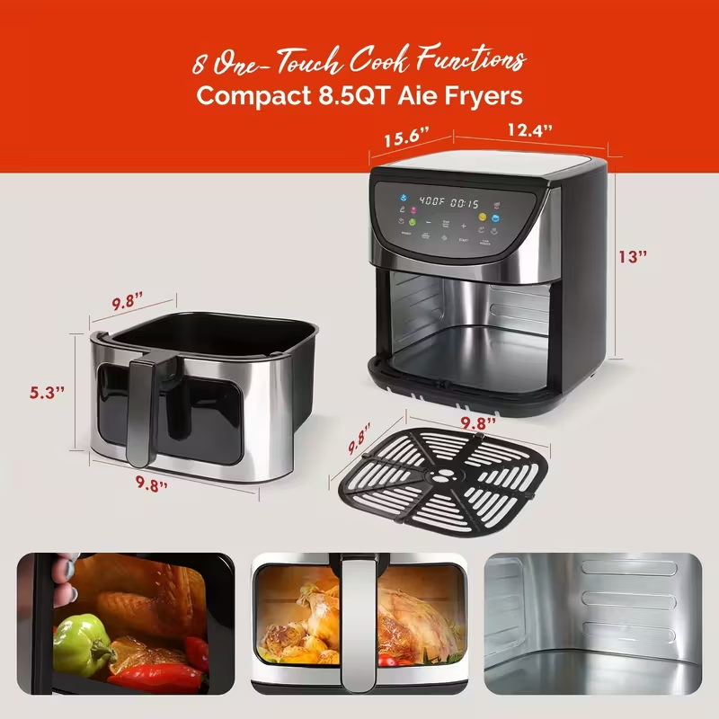 8.5QT Air Fryer with 1500W Power – Large Capacity, Smart Touch Screen, 10 Preset Cooking Functions, Non-Stick Basket, Easy to Clean – Stainless Steel, 120V Plug-In, Ideal for 5–6 People