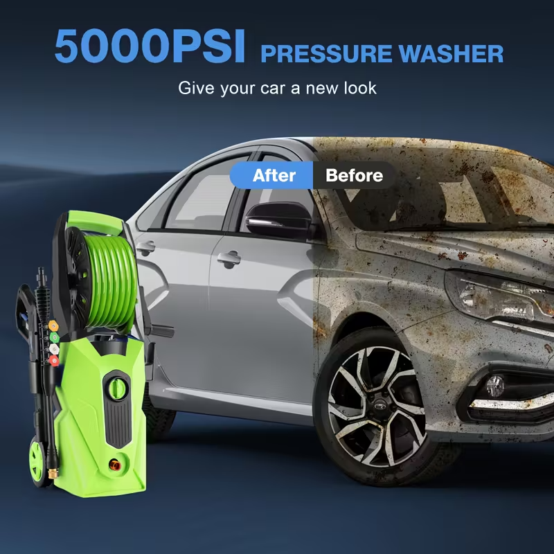 5000 PSI Electric Pressure Washer, 2.75 GPM High-Power Pressure Cleaner with 33FT Reinforced Hose Reel, 4 Quick-Connect Nozzles, Upgraded 2025 Power Washer for Home, Vehicle, Patio & Driveway Cleaning – Plug Powered, 120V (Green)
