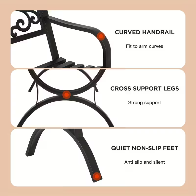 Heavy-Duty Outdoor Metal Garden Bench with Decorative Scroll Backrest, Black Cast Iron and Steel Patio Bench with Slatted Seat for Yard, Park, Porch and Deck