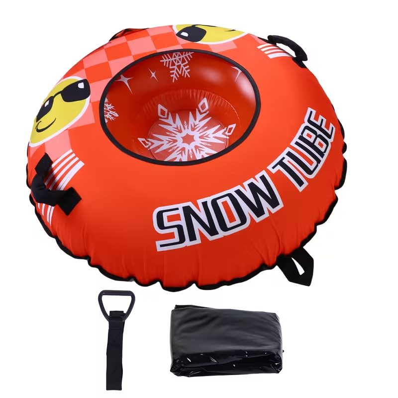 Heavy-Duty Inflatable Snow Tube for Adults & Teens – Fast-Speed Ski Ring with Tow Rope & Reinforced Handles, Durable PVC Winter Sled (Bright Orange)
