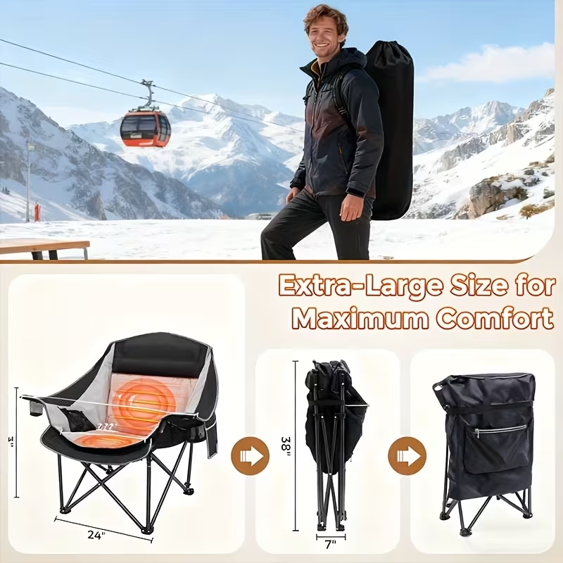 Oversized Heated Camping Chair with Optional Power Bank, 3 Heat Levels, Dual-Zone Heating, Foldable Heavy-Duty Chair with Footrest, 500 lb Capacity