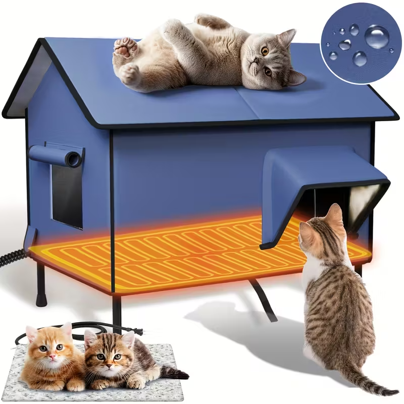Outdoor Heated Cat House – Extra-Insulated Winter Shelter with Extended Eaves, Escape Door & Elevated Base for Outdoor, Stray, and Barn Cats