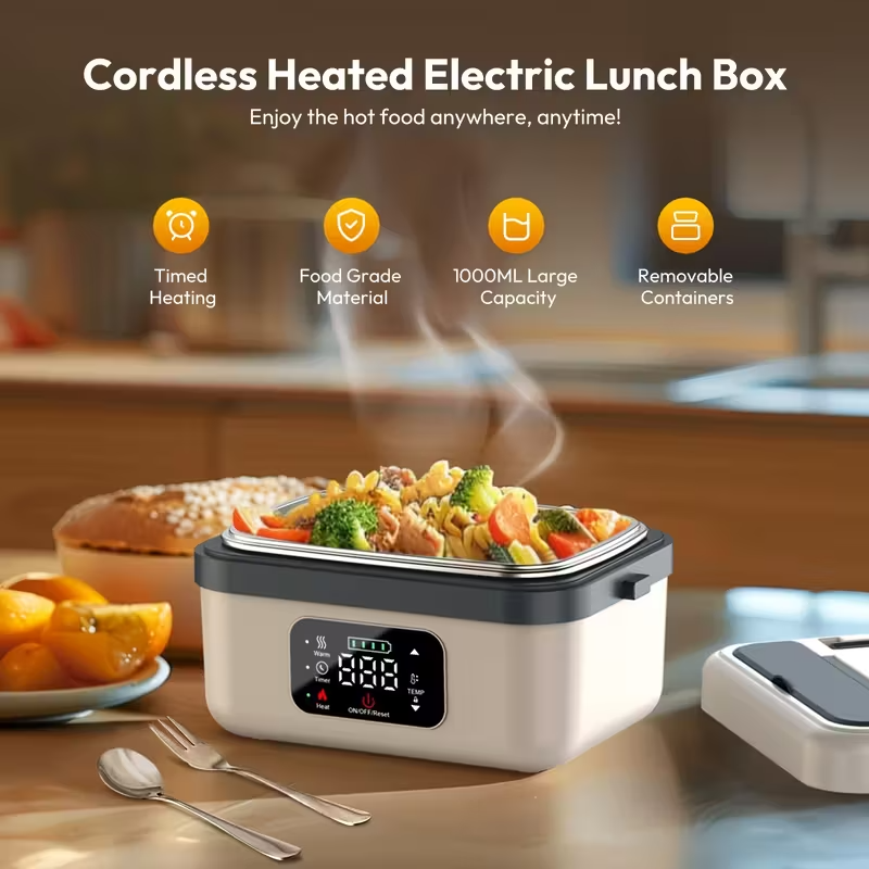 Cordless Electric Lunch Box for Adults – 8000mAh Battery Powered, 60W Self-Heating Food Warmer with Timer, 1L Portable Lunch Heater for Office, Car & Worksite