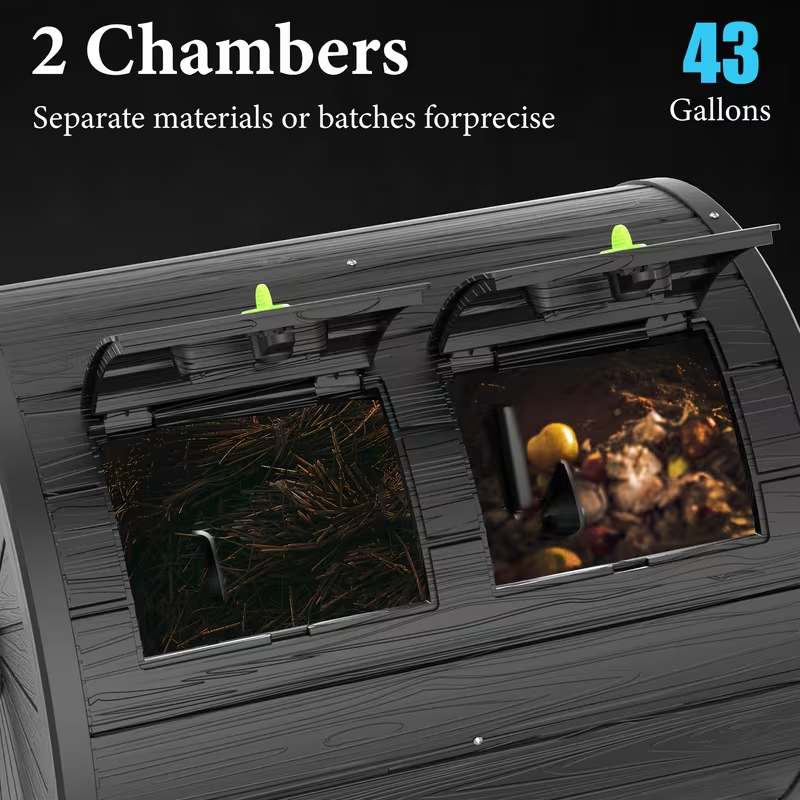 43-Gallon Dual-Chamber Tumbler Compost Bin, Black Rotating Compost Barrel with Swivel Design, Flap Door & Durable Steel Frame, Outdoor Garden Composting Bin for Leaves, Food Scraps, Yard Waste