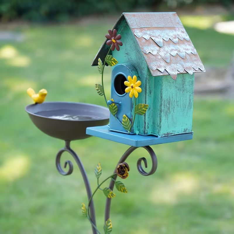 52" Metal Bird Bath with Pole and Birdhouse, Tiered Outdoor Garden Decoration with Seed Tray, Rustic Blue Floral Design, Durable Metal Stake-Mounted Bird Bath for Yard, Lawn, and Patio