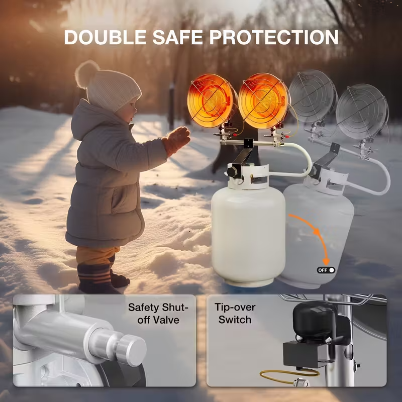 Double Tank Top Propane Heater – Outdoor Freestanding Patio Heater with Shut-Off Valve and Tip-Over Protection, Durable Outdoor Heater for Camping, Garage, Porch, and Sports Events