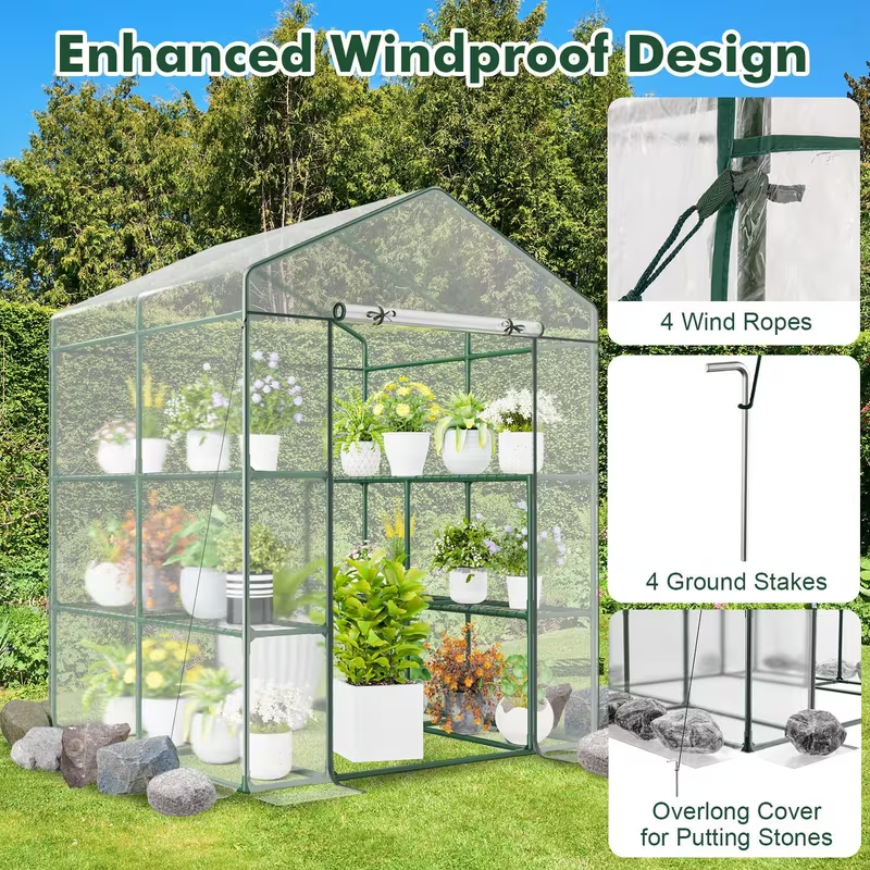 Walk-In Mini Greenhouse with 3 Tiers & 8 Shelves – PVC Cover, Roll-Up Door, Heavy-Duty Steel Frame for Indoor/Outdoor Winter Plant Protection