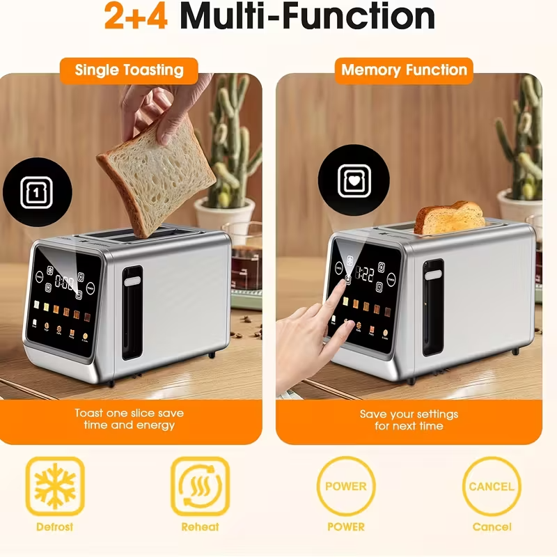 2-Slice Stainless Steel Touch Screen Toaster – Smart Digital Toaster with Memory Function, 5 Bread Modes, 6 Browning Levels, Extra-Wide Slots, 900W Premium Breakfast Toaster