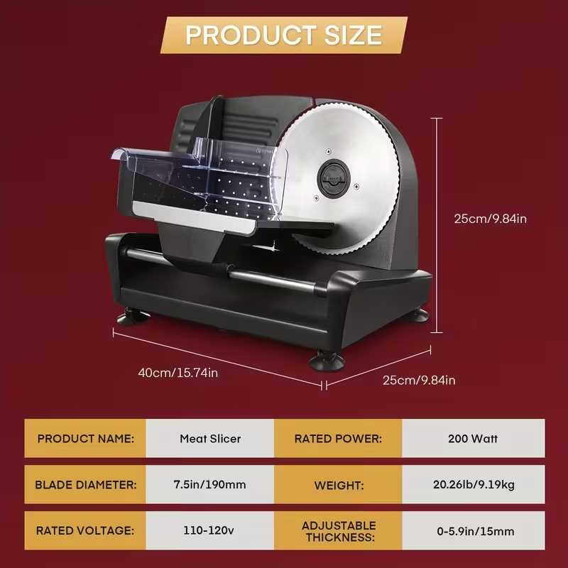 200W Electric Meat Slicer with 7.5" Stainless Steel Blades – Adjustable 0–15mm Thickness, Removable Dual Blades, Compact Die-Cast Design for Meat, Cheese, Bread & Vegetables – Black