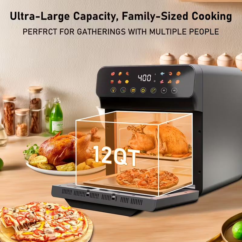12QT Extra Large Convection Countertop Oven – Multi-Functional Air Fryer Toaster Oven Combo with LED Digital Touchscreen, Visible Window, Stainless Steel Interior, Oil-Free Frying, Baking, Roasting & Broiling – Space-Saving Healthy Cooking Appliance