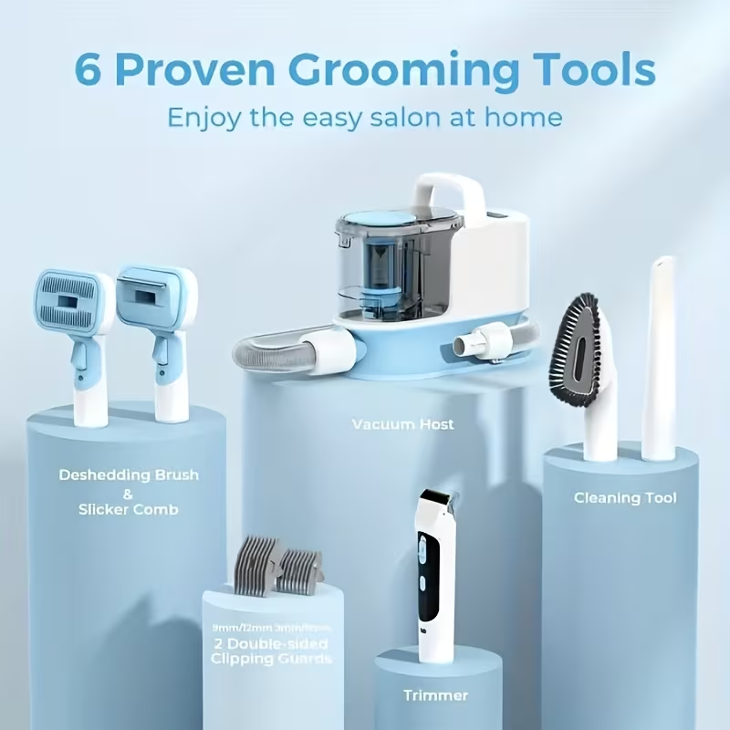 300W Dog Grooming Vacuum, 5-in-1 Pet Grooming Kit with Strong Suction, Large-Capacity 1.2L Dog Vacuum for Shedding, Quiet Operation, Cordless Grooming System with Pet Clipper & Nail Grinder for Home Cleaning