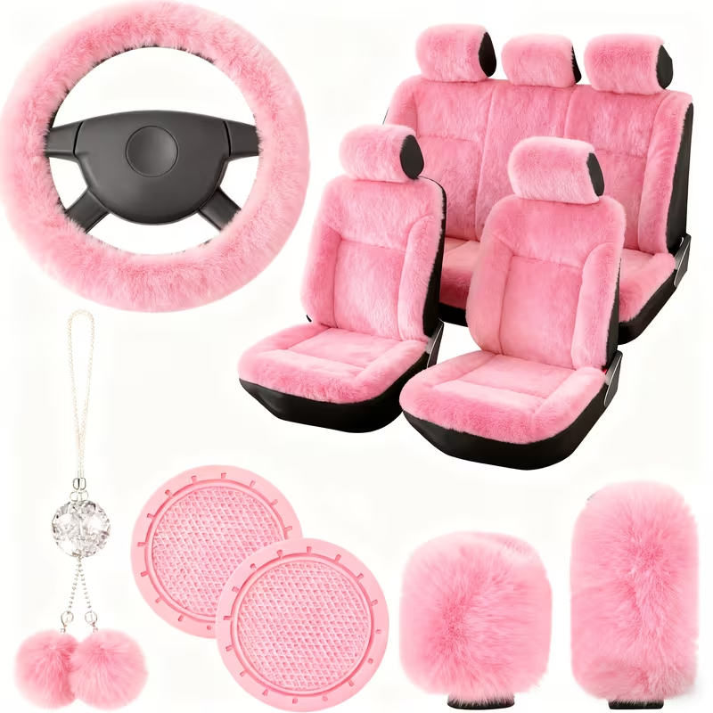 11-Piece Universal Plush Car Seat Covers Set – Soft Winter Car Decoration Kit with Steering Wheel Cover, Mirror Accessories, Handbrake Covers, and Sponge-Filled Knit Fabric