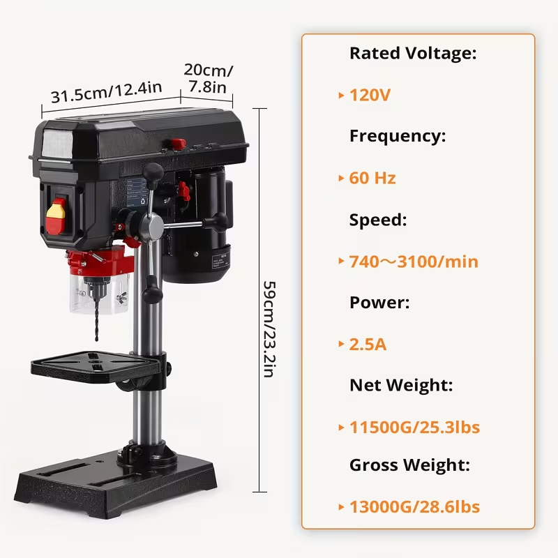 2.5Amp Benchtop Drill Press, 5-Speed Adjustable Tabletop Drilling Machine with 8-Inch Swing and 0–45° Tilting Table for Wood and Metal