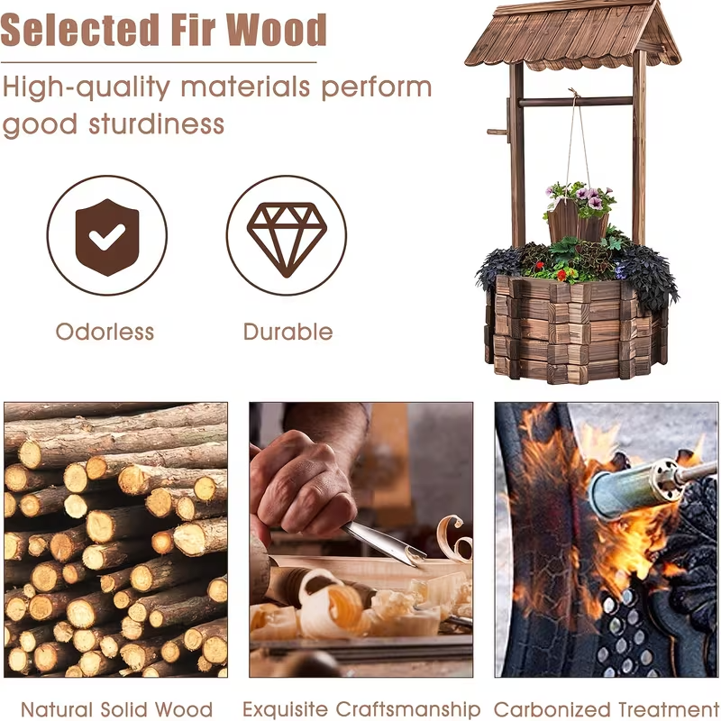 Rustic Wooden Wishing Well Planter with Hanging Bucket – Outdoor Garden & Patio Decor, Weather-Resistant Wood Planter for Flowers, Herbs & Succulents