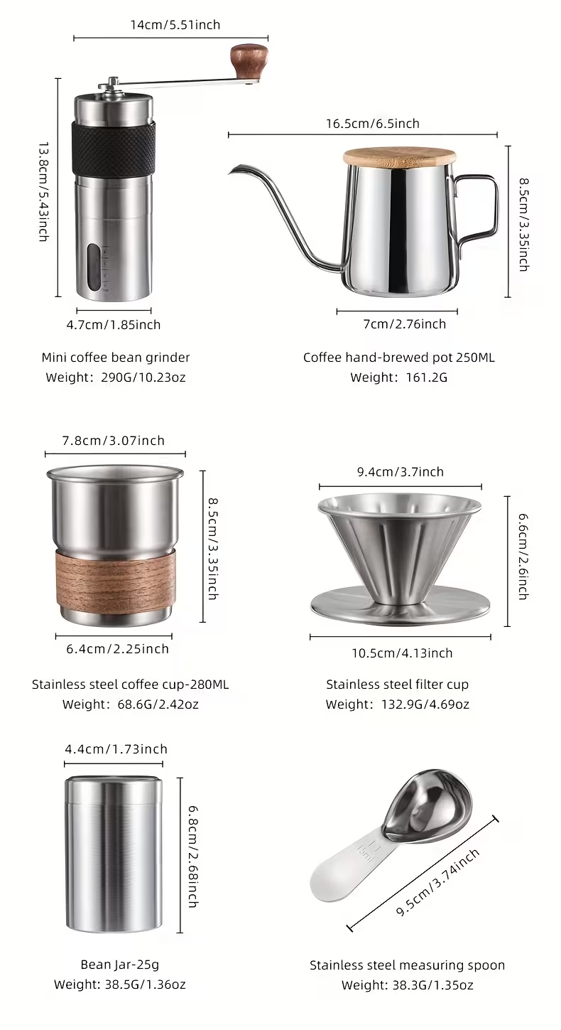 6-Piece Portable Manual Coffee Maker Set with Stainless Steel Cone Grinder, Foldable 304 Stainless Steel Filter, Coffee Pitcher & Handmade Brewing Tools – Electricity-Free Travel Coffee Kit