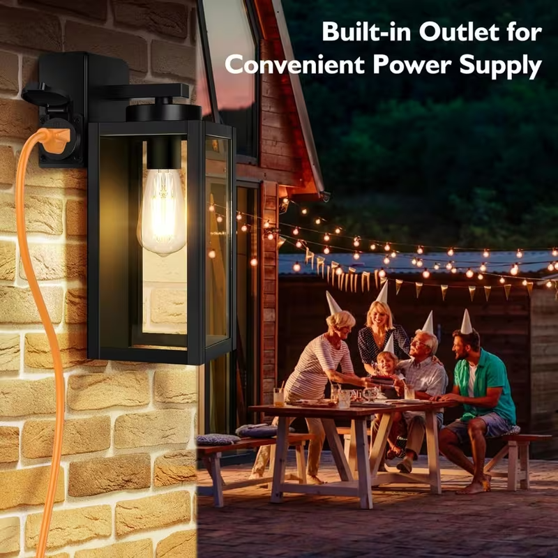 2-Pack Modern Outdoor Porch Lights with Outlet, Wall Sconces for Front Door, Garage, and Patio – Black Exterior Lighting Fixtures