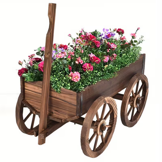 Wooden Flower Planter Wagon with Wheels, Mobile Multi-Pot Plant Stand for Indoor and Outdoor Garden Décor