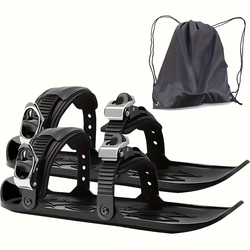 Adjustable Mini Ski Skates for Kids – Black ABS Snowboard Shoes with Asymmetrical Design and Carrying Bag, Beginner-Friendly for Powder Snow