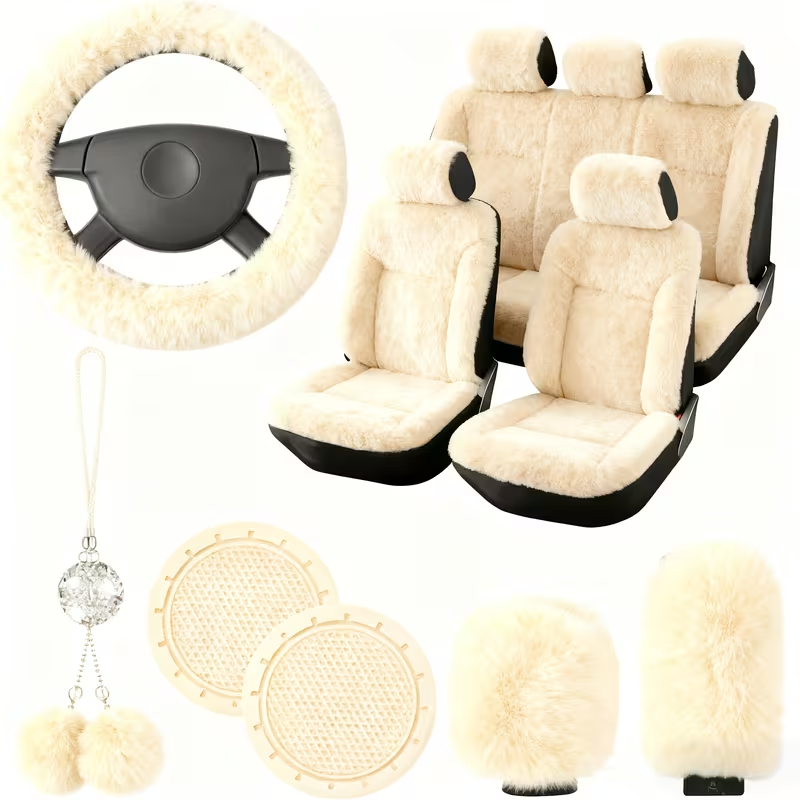 11-Piece Universal Plush Car Seat Covers Set – Soft Winter Car Decoration Kit with Steering Wheel Cover, Mirror Accessories, Handbrake Covers, and Sponge-Filled Knit Fabric