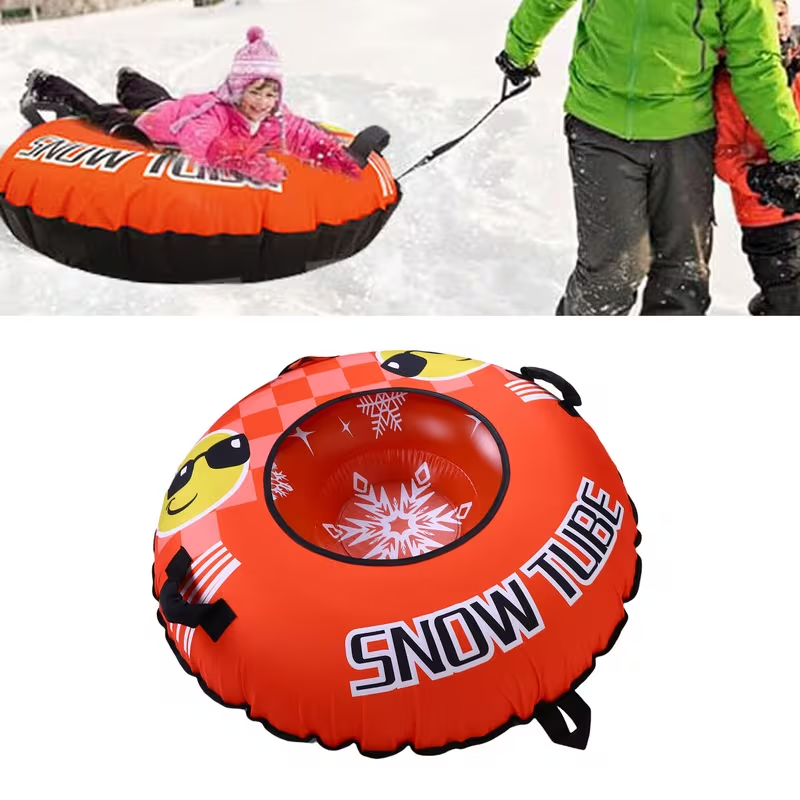 Heavy-Duty Inflatable Snow Tube for Adults & Teens – Fast-Speed Ski Ring with Tow Rope & Reinforced Handles, Durable PVC Winter Sled (Bright Orange)