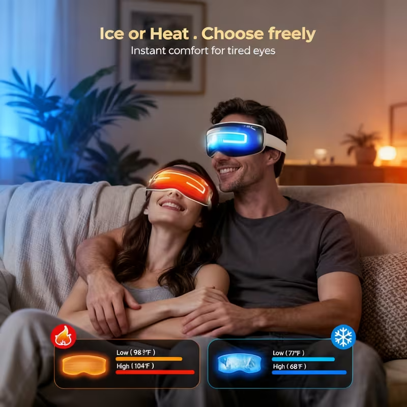 Eye Massager with Heat and Cooling, 4 Pressure Modes & 2 Hot/Cold Compress Modes, Soft Silicone Massage Head with Nose Rest, Wireless Music Sync, Rechargeable Eye Therapy Device for Dry Eyes, Dark Circles, and Insomnia