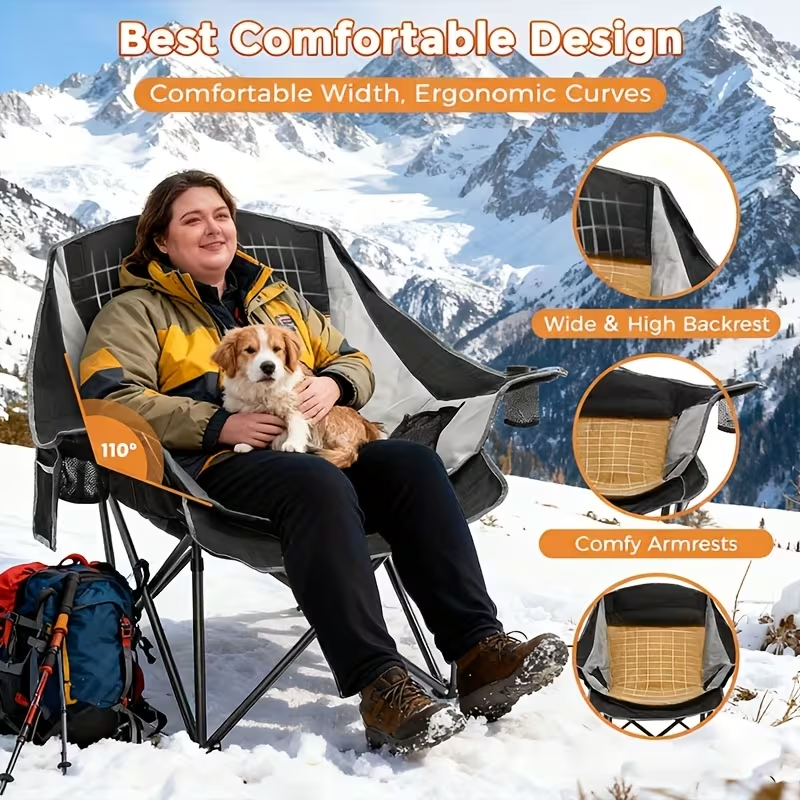 Oversized Heated Camping Chair with Optional Power Bank, 3 Heat Levels, Dual-Zone Heating, Foldable Heavy-Duty Chair with Footrest, 500 lb Capacity