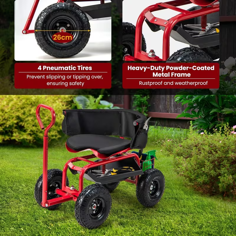 Heavy-Duty Garden Cart Scooter with 10" All-Terrain Tires, 360° Swivel Seat, Extendable Pull Handle, Storage Basket, Tool Pouch & Cushion – Red Rolling Garden Seat for Yard Work & Lawn Care