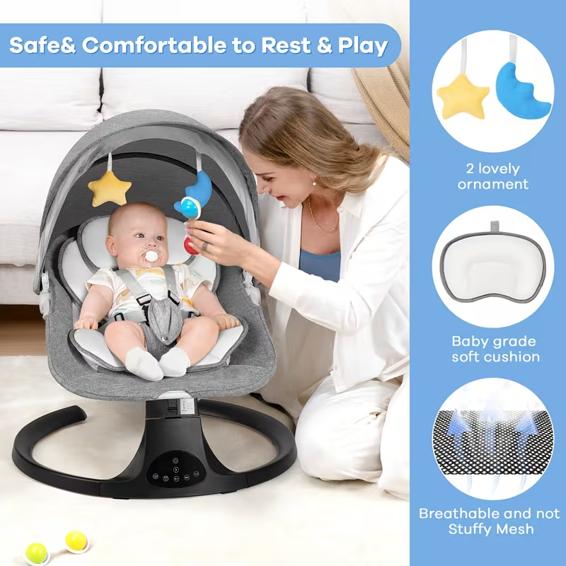 Portable Baby Swing with 5 Speeds, 10 Lullabies & 15-Point Safety Harness – Lightweight, Foldable Infant Swing for Indoor/Outdoor Use, Suitable for Babies 0–9 Months